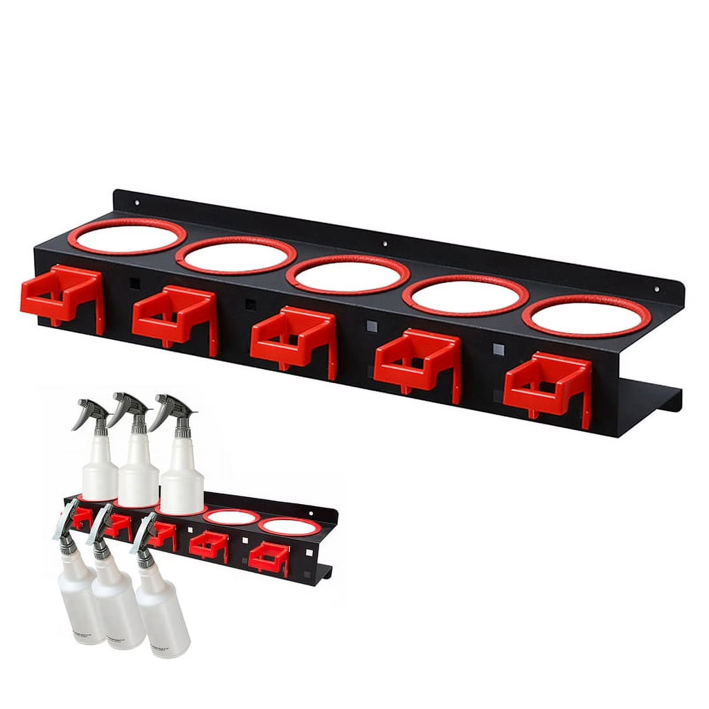 Wall-mounted Spray Bottle Storage Rack with 5 Plastic Hanging Hooks P193