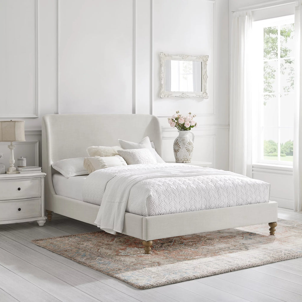 Cream White Tufted Linen Twin Size Bed Frame E519018