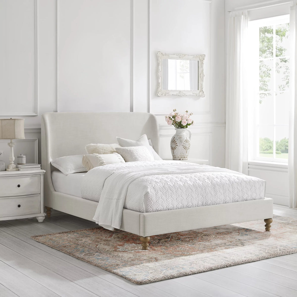 Cream White Tufted Linen Twin Size Bed Frame E519018