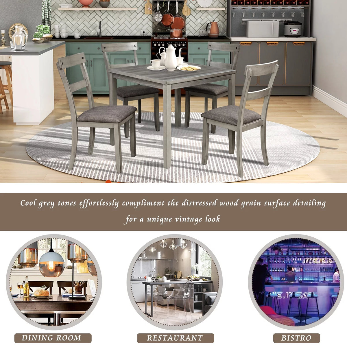 5-Piece Grey Dining Table Set with 4 Cushioned Chairs G734