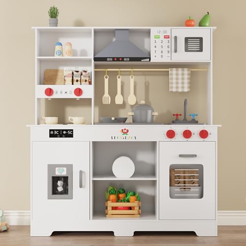 Wooden Play Kitchen with Microwave, Range Hood, Stove, Sink, and Accessories S6658