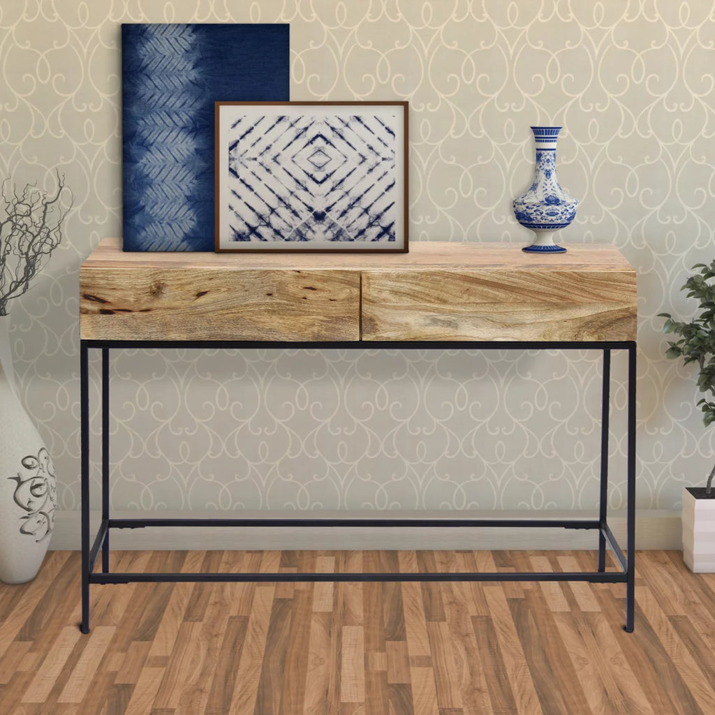 Brown Mango Wood and Metal Console Table with Two Drawers A1623