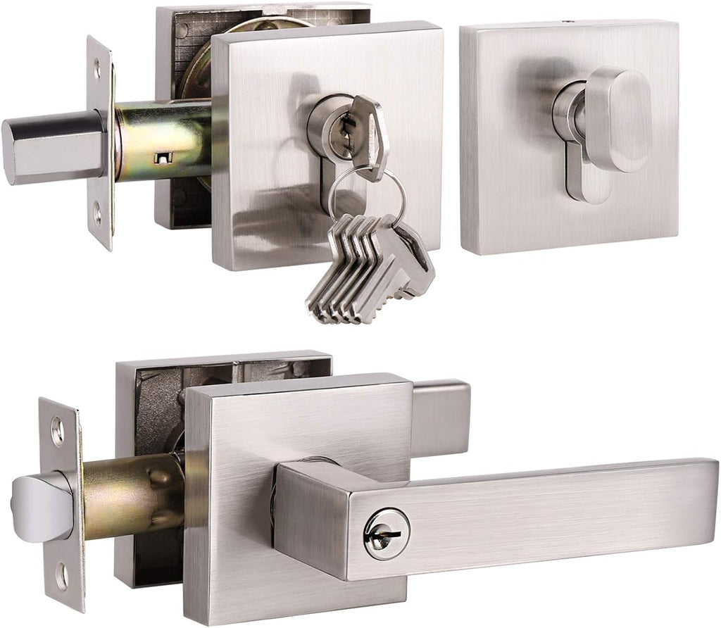 Brushed Nickel Square Entrance Door Lever with Deadbolt Locksets, 2 Pack G3441