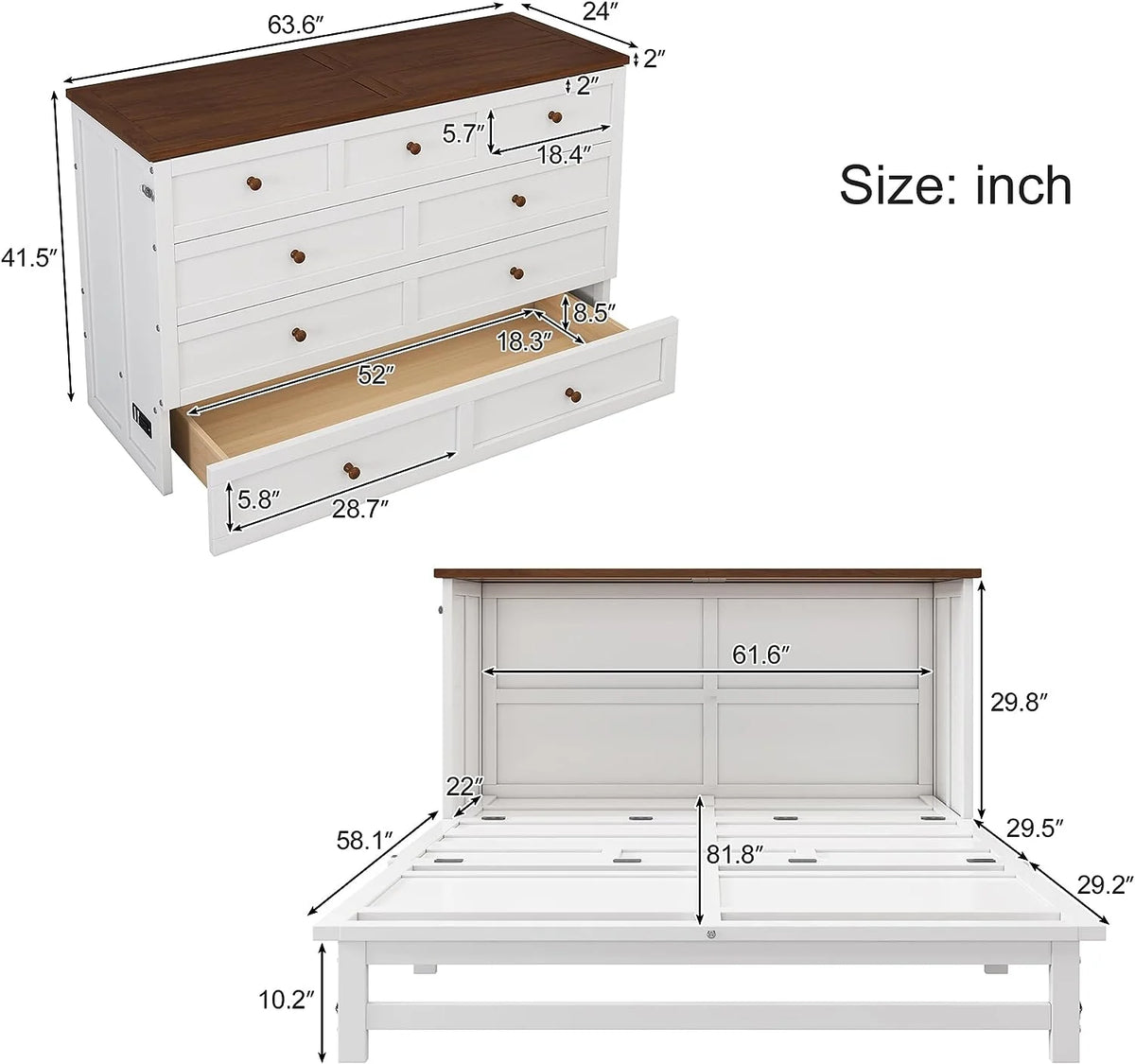Queen Size Foldable Wood Murphy Bed Chest with Charging Station and Storage Drawer N52101