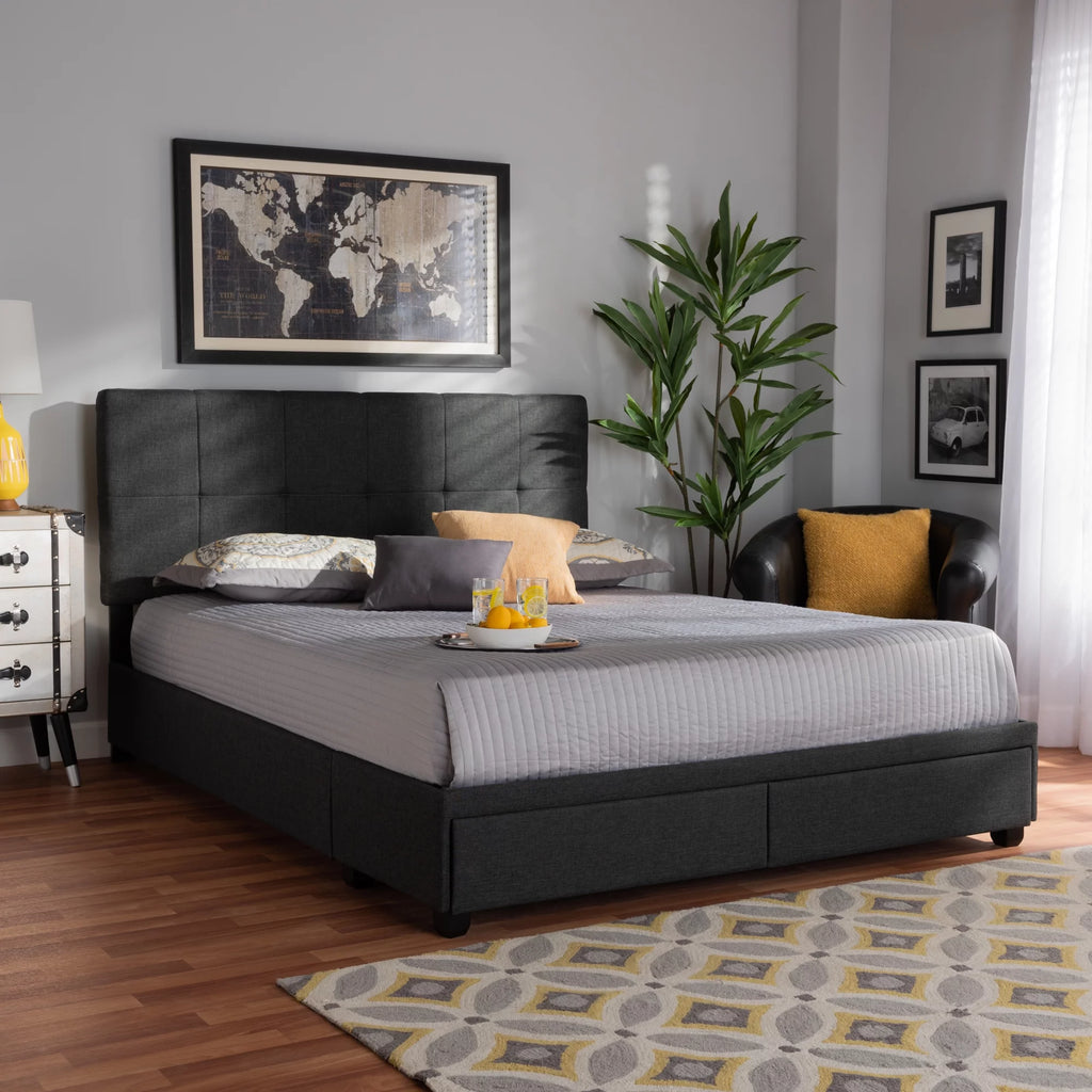 Dark Grey Fabric Upholstered 2-Drawer King Size Platform Storage Bed X2596