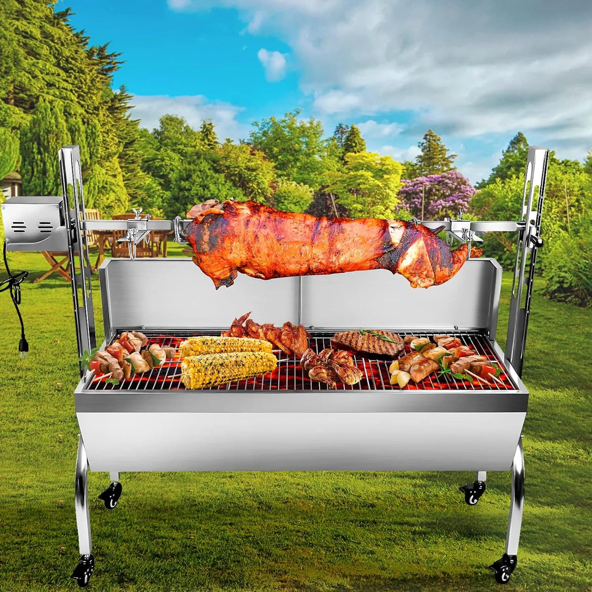 Stainless Steel Rotisserie Grill with Back Cover Guard, 25W Motor, 37'' 2 in 1 BBQ Charcoal Rotisserie Grill P395906