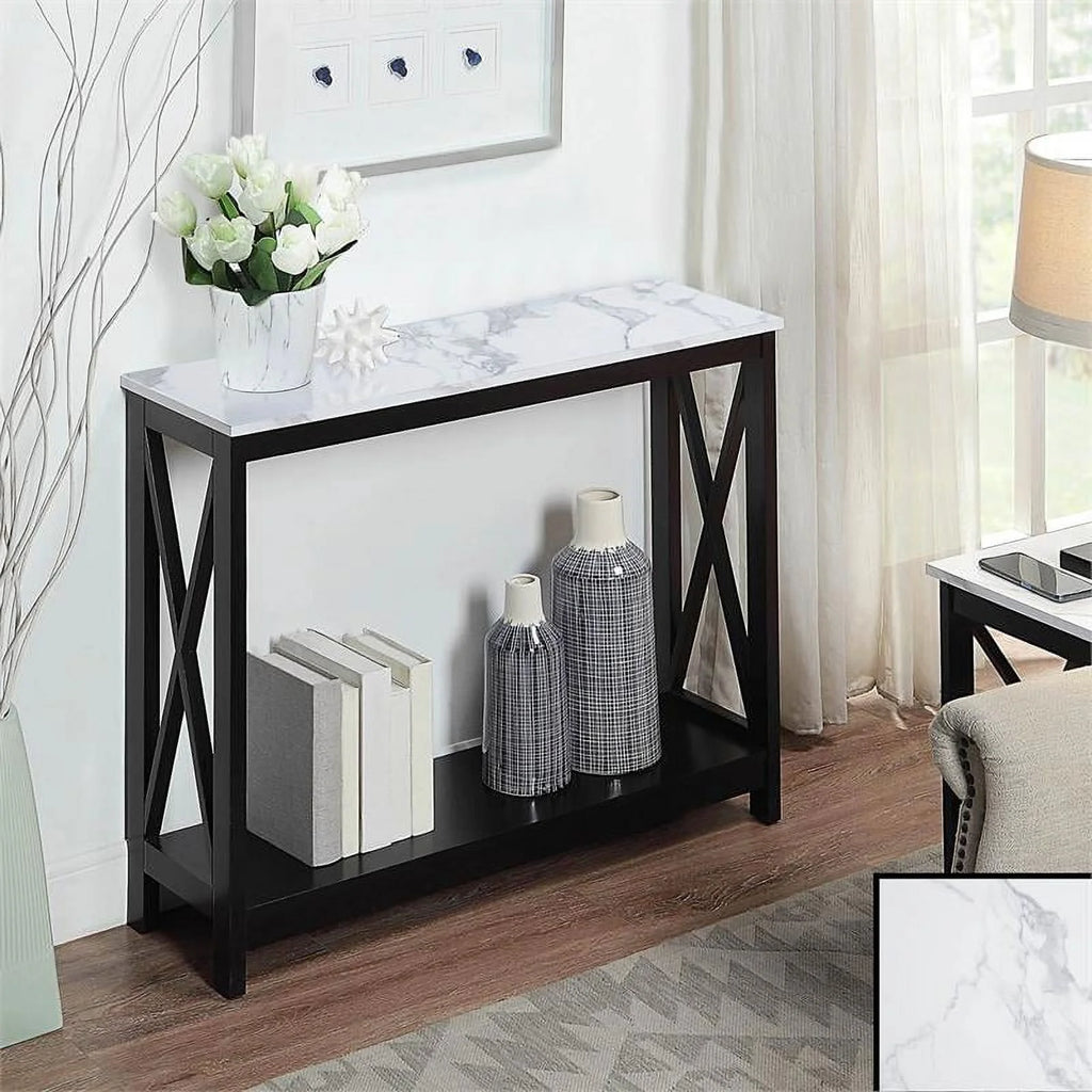 White Faux Marble and Black Wood Console Table with Shelf B243437