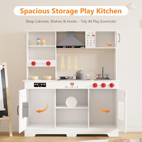 Wooden Play Kitchen with Microwave, Range Hood, Stove, Sink, and Accessories S6658