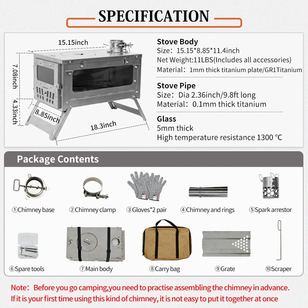 15inch Wood Burning Stove Folding Portable with 9.84ft Pipes M580