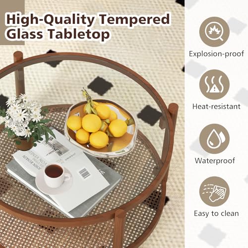 Rattan Coffee Table with Tempered Glass Top and Storage Shelf H176459