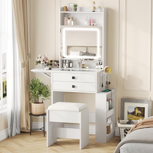 White Makeup Vanity Desk with Lighted Mirror and Chair O7640