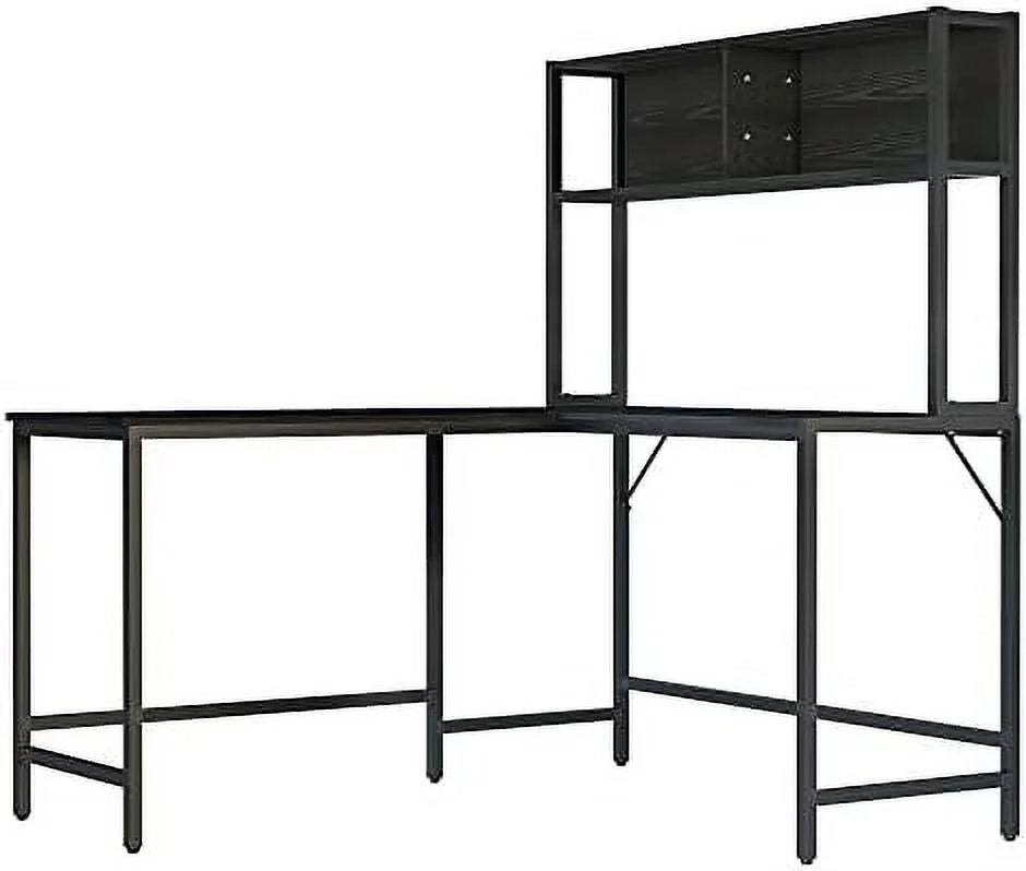 55 Inch L Shaped Computer Desk with Hutch Black S6348