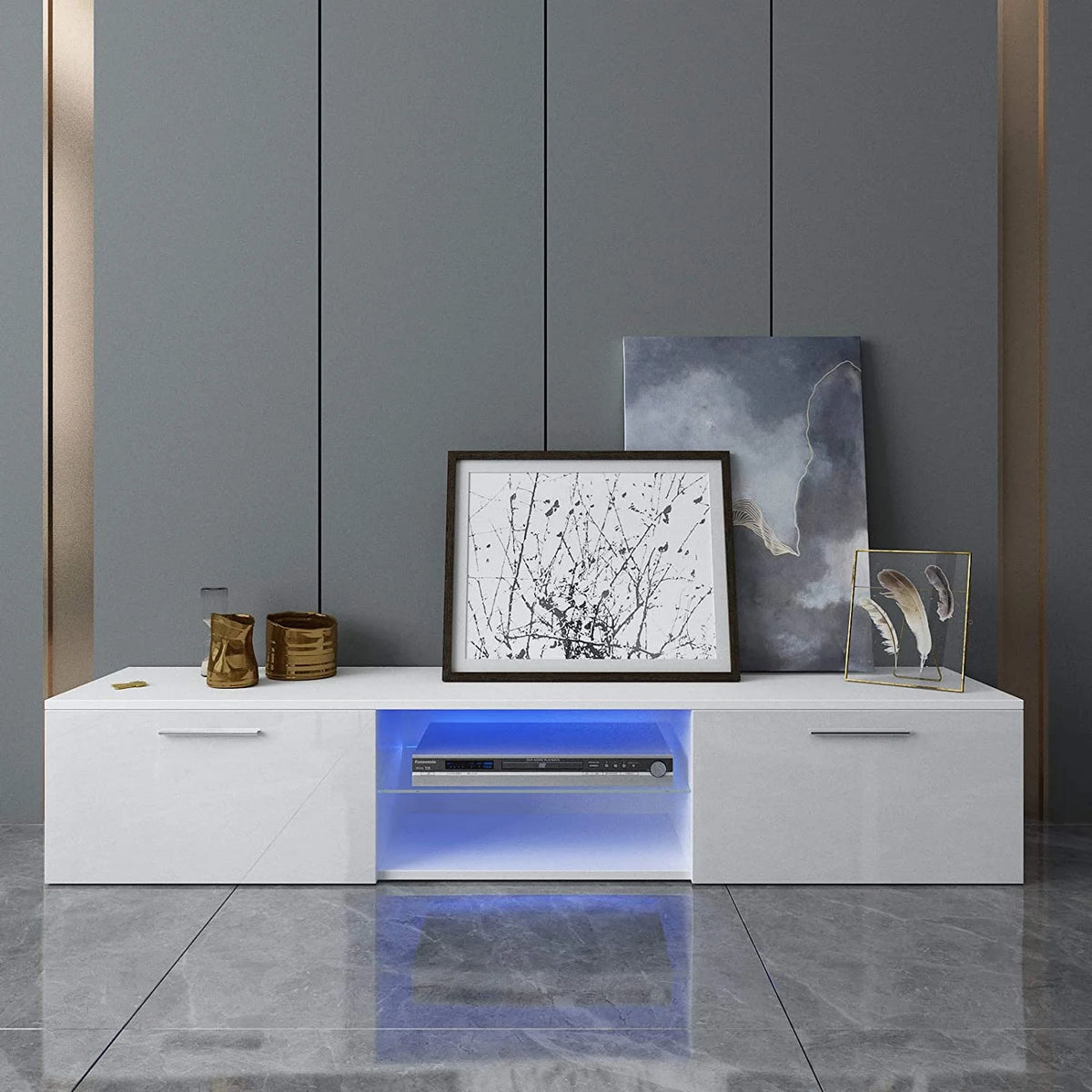 High Gloss White LED Light TV Stand with Storage, Shelves K770709
