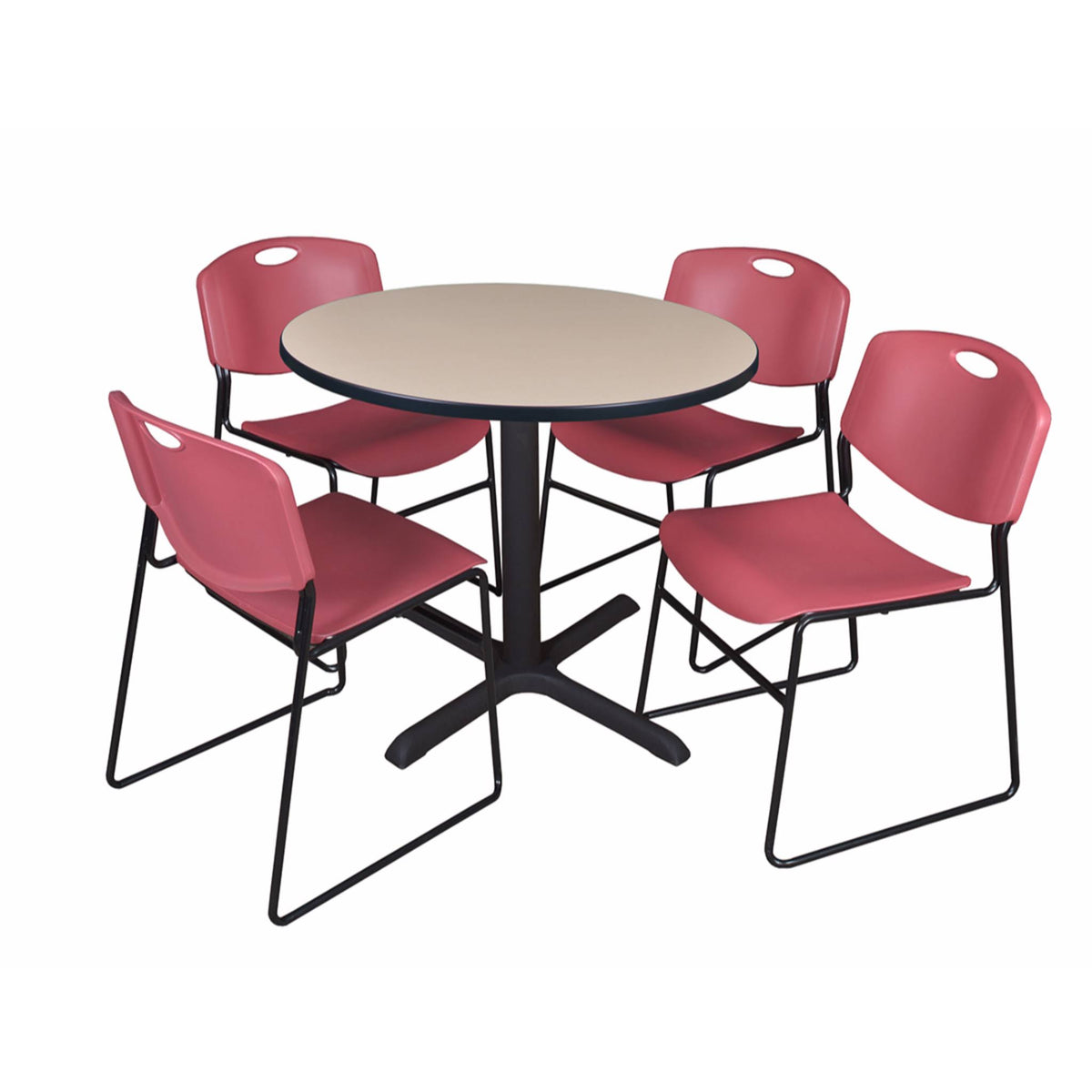 Beige Round Breakroom Table with 4 Black Stack Chairs I713543
