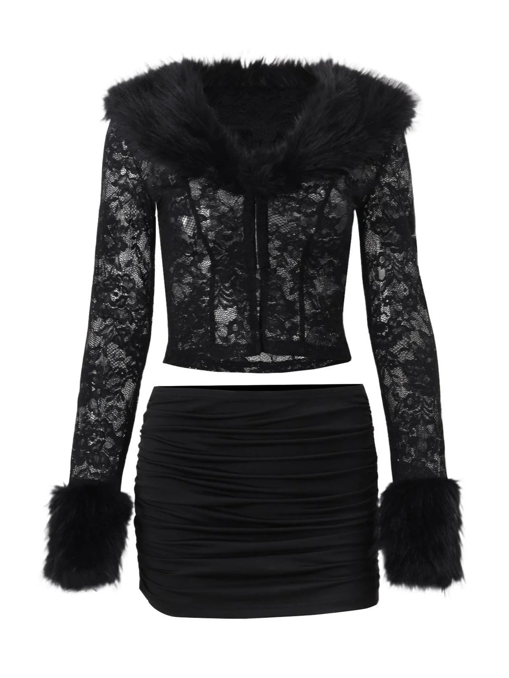 Lace & Plush Long-Sleeve Top & Mini Skirt 2 Pcs Set B1692