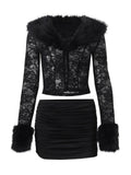 Lace & Plush Long-Sleeve Top & Mini Skirt 2 Pcs Set B1692