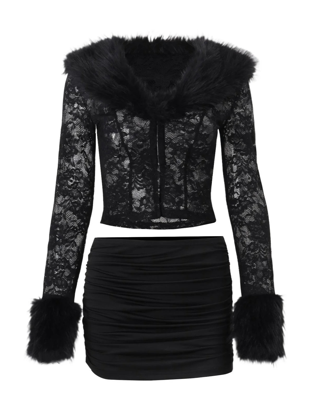 Lace & Plush Long-Sleeve Top & Mini Skirt 2 Pcs Set B1692