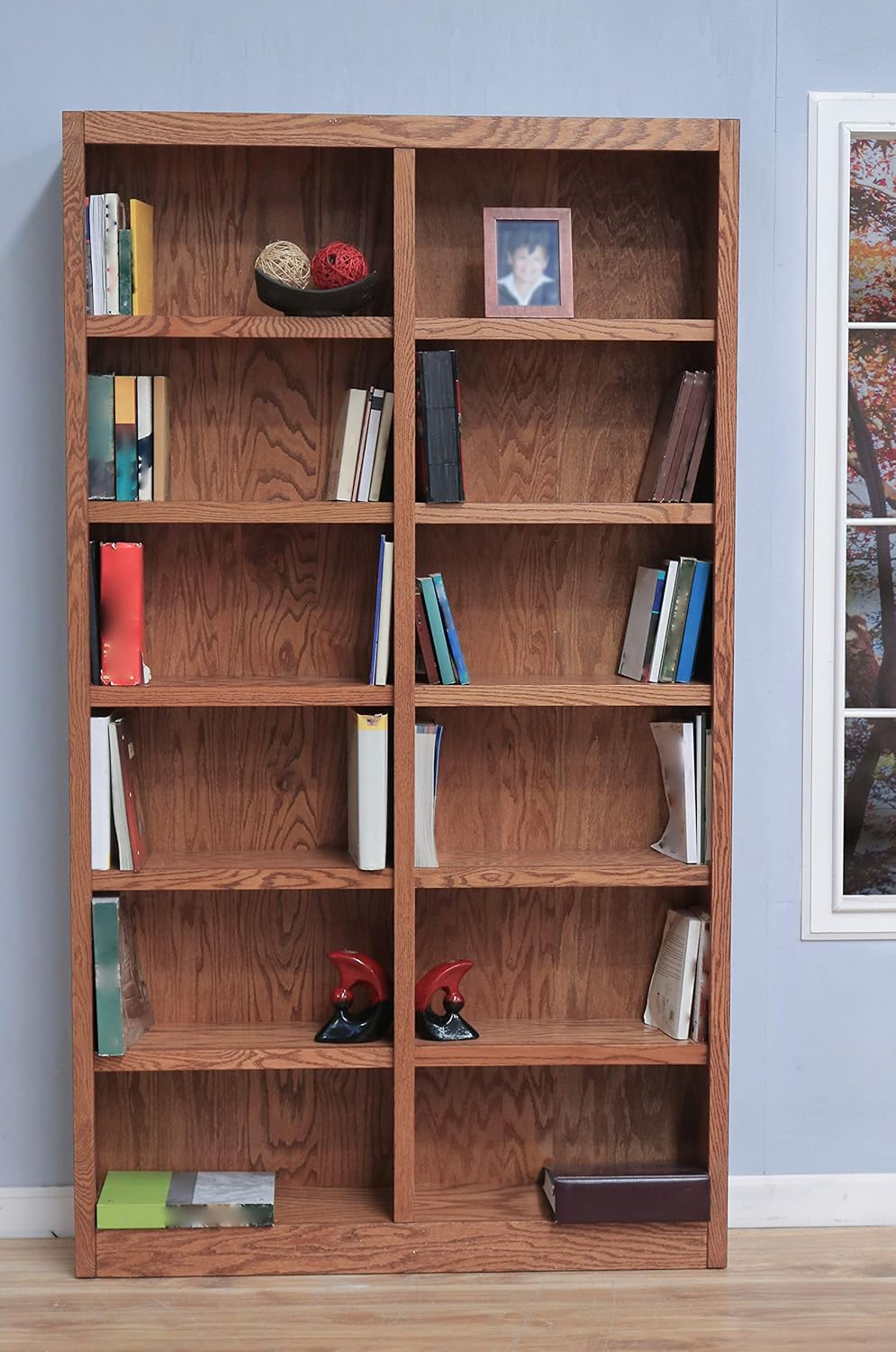 Tall 12-Shelf Double Wide Wood Bookcase in Dry Oak U549237