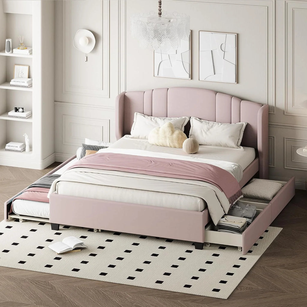 Queen Upholstered Platform Bed with Wingback Headboard and 2 Drawers S91483