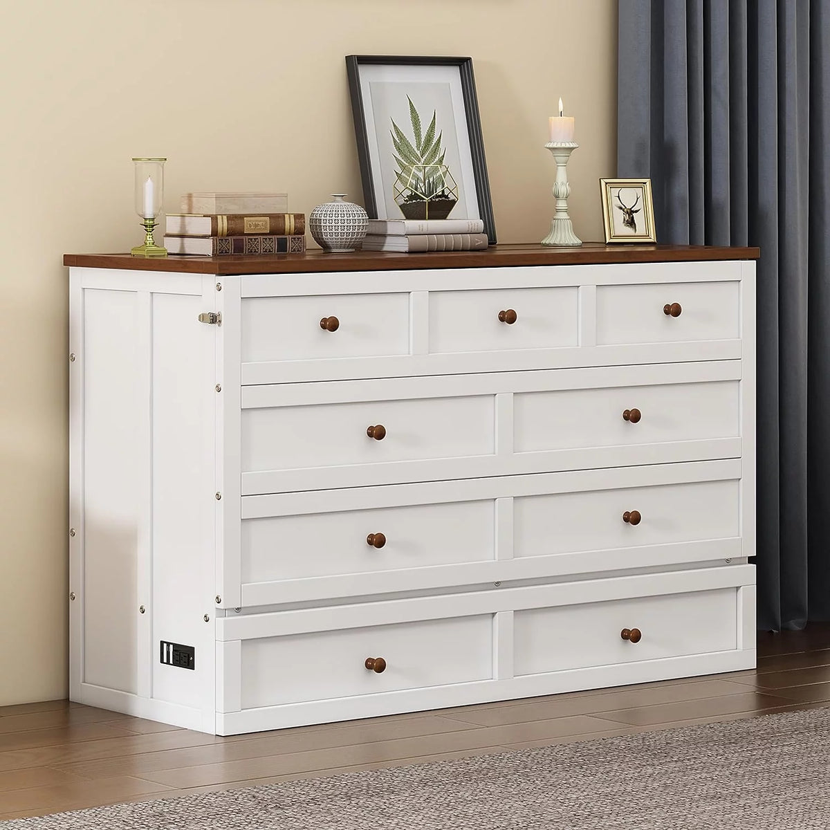Queen Size Foldable Wood Murphy Bed Chest with Charging Station and Storage Drawer N52101
