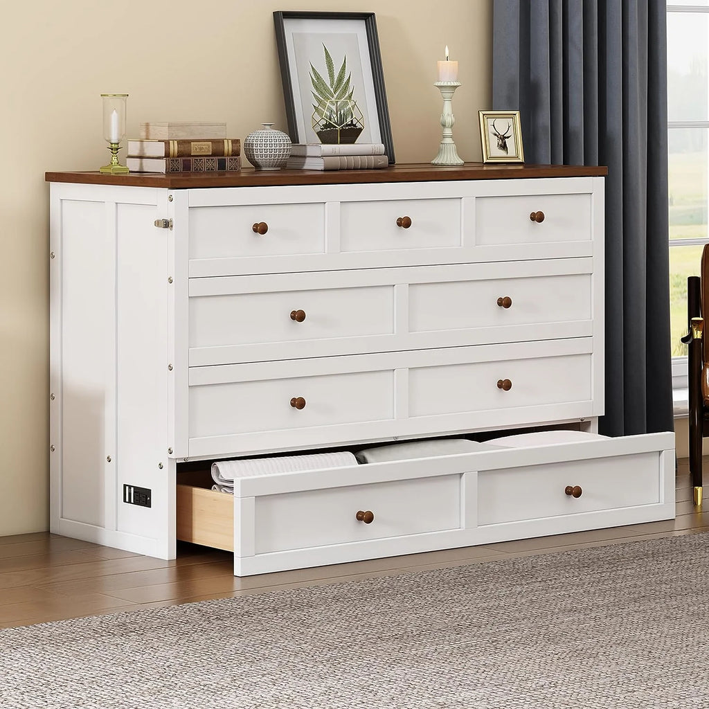 Queen Size Foldable Wood Murphy Bed Chest with Charging Station and Storage Drawer N52101
