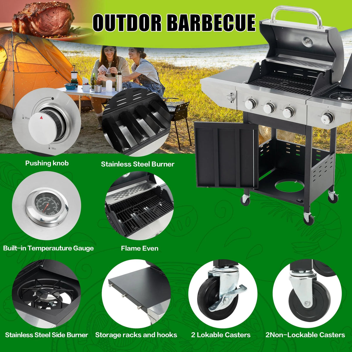 3 Burner BBQ Propane Gas Grill with Side Burner, Stainless Steel Patio Barbecue Grill with Lid, Wheels, Shelves and Bottle Opener W543