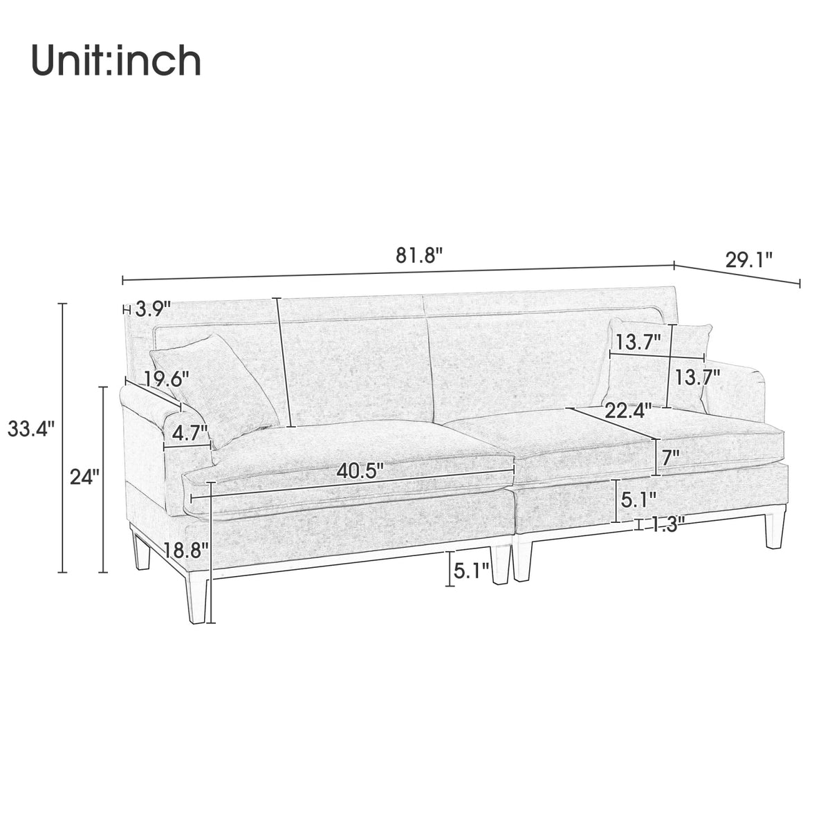 Gray Upholstered Loveseat Sofa with Wooden Legs and Two Throw Pillows C8664