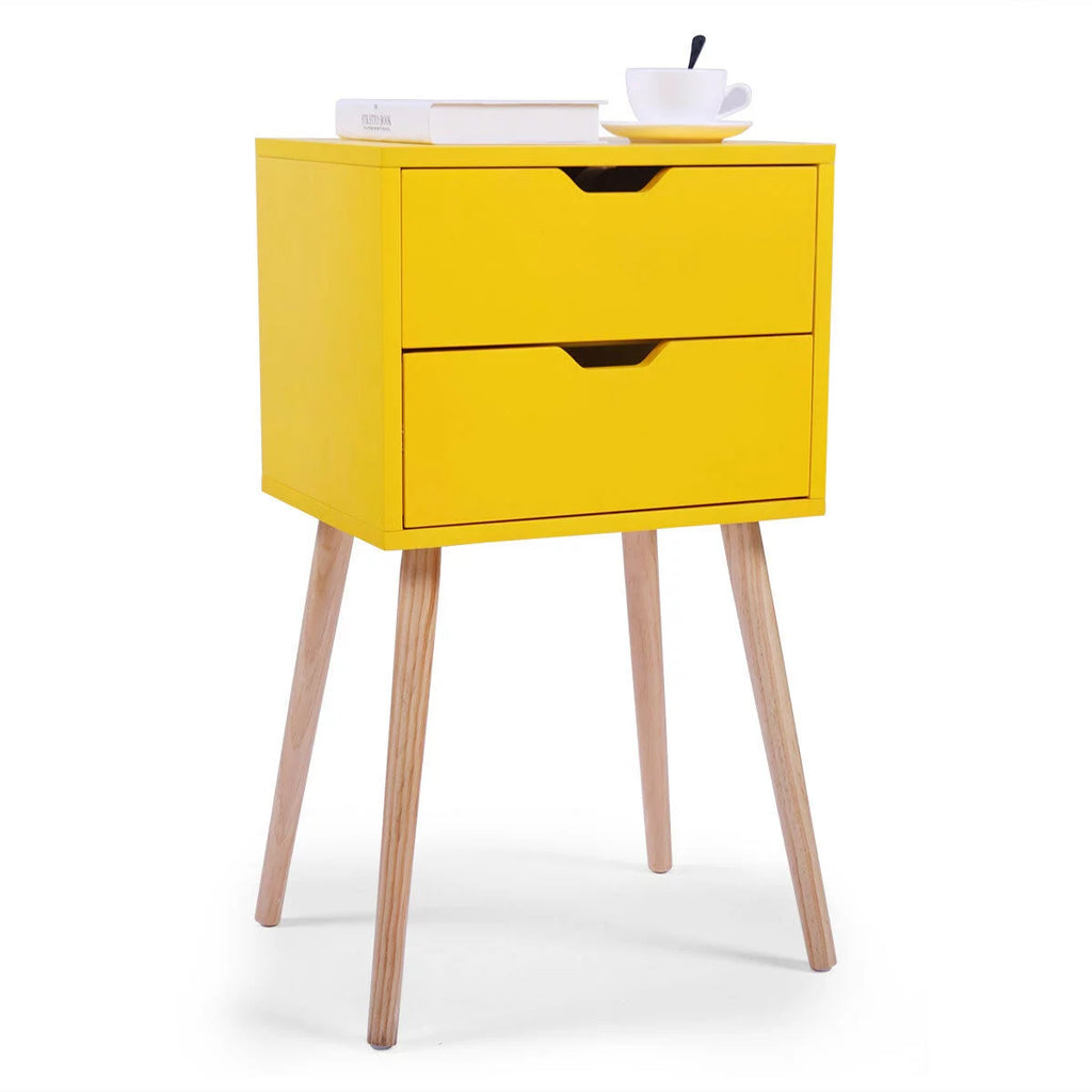 Set of 2 Nightstand with 2 Storage Drawer Solid Wood Side End Table Yellow J77810