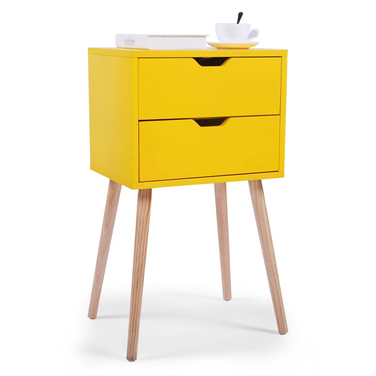 Set of 2 Nightstand with 2 Storage Drawer Solid Wood Side End Table Yellow J77810