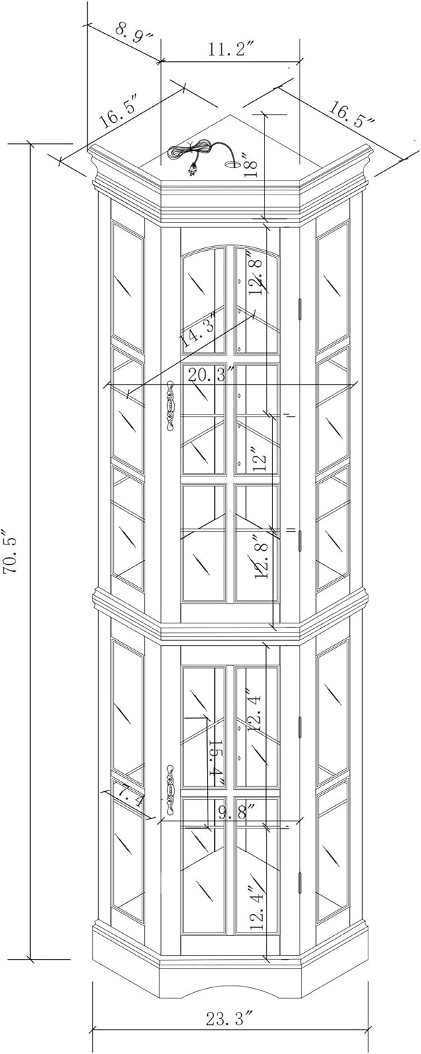 Curio Cabinet with Glass Doors, 5 Shelves, Lighting System, Oak A482