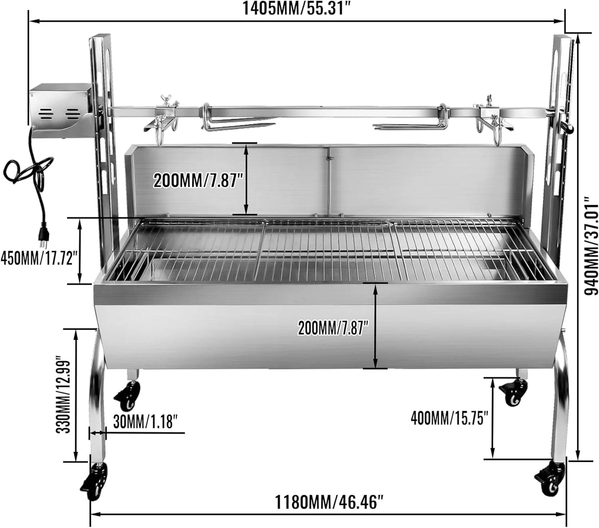 Stainless Steel Rotisserie Grill with Back Cover Guard, 25W Motor, 37'' 2 in 1 BBQ Charcoal Rotisserie Grill P395906