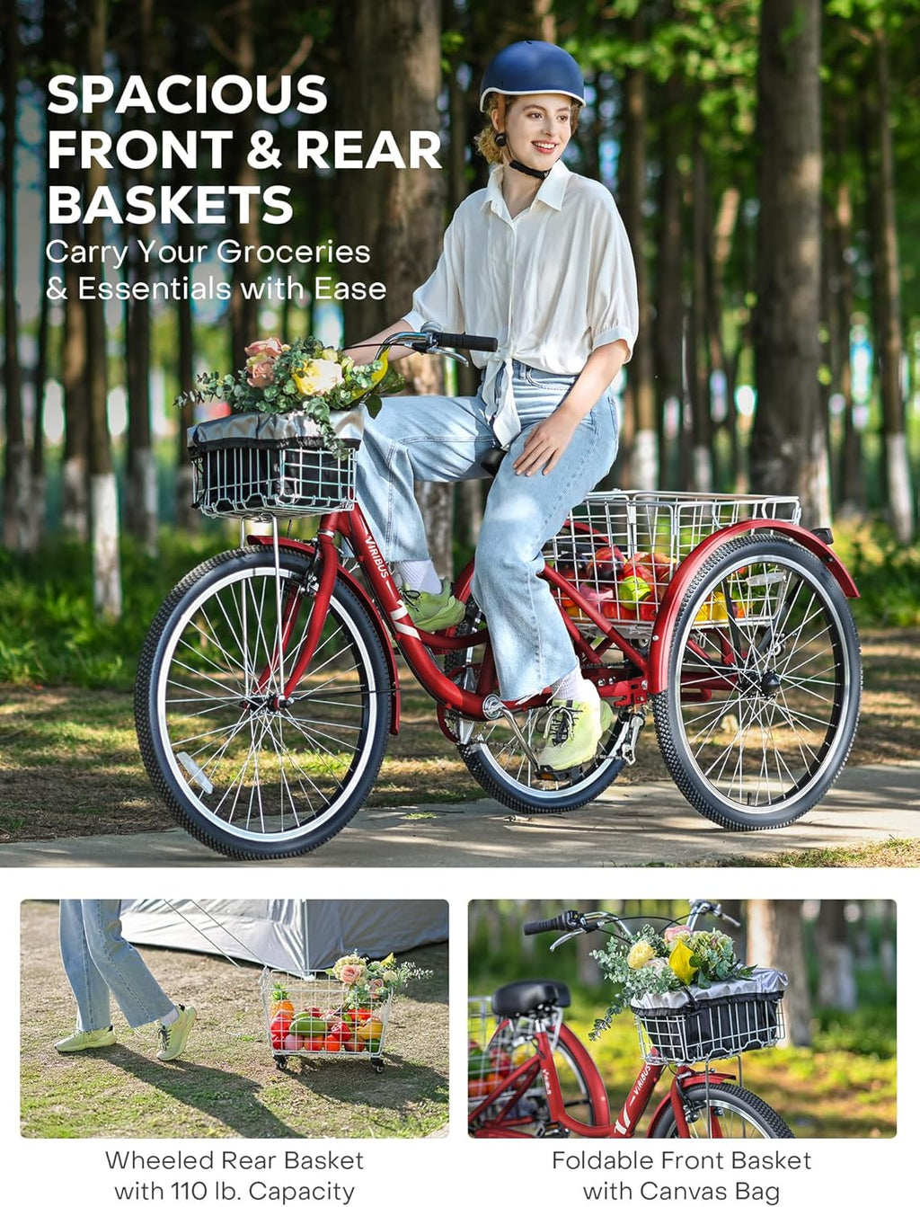 Berry Red 7 Speed Adult Tricycle with Removable Wheeled Baskets J396
