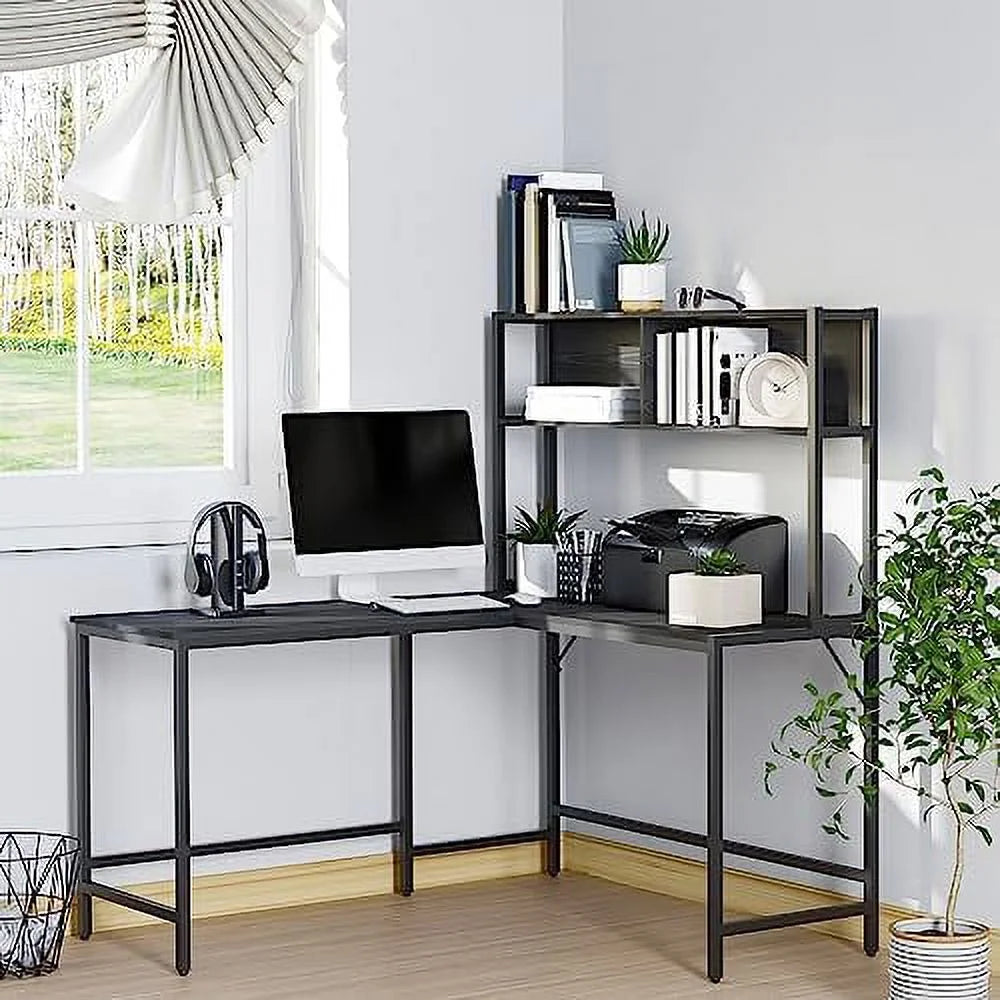55 Inch L Shaped Computer Desk with Hutch Black S6348