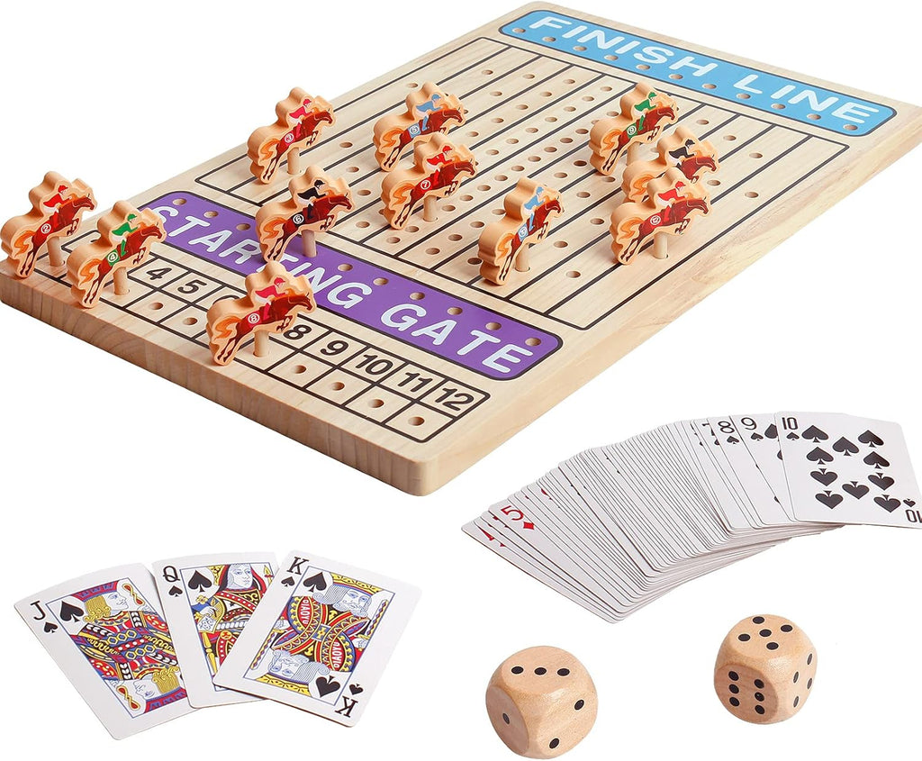 Wooden Horse Racing Game with 11 Durable Horses Dice & Cards Q551341