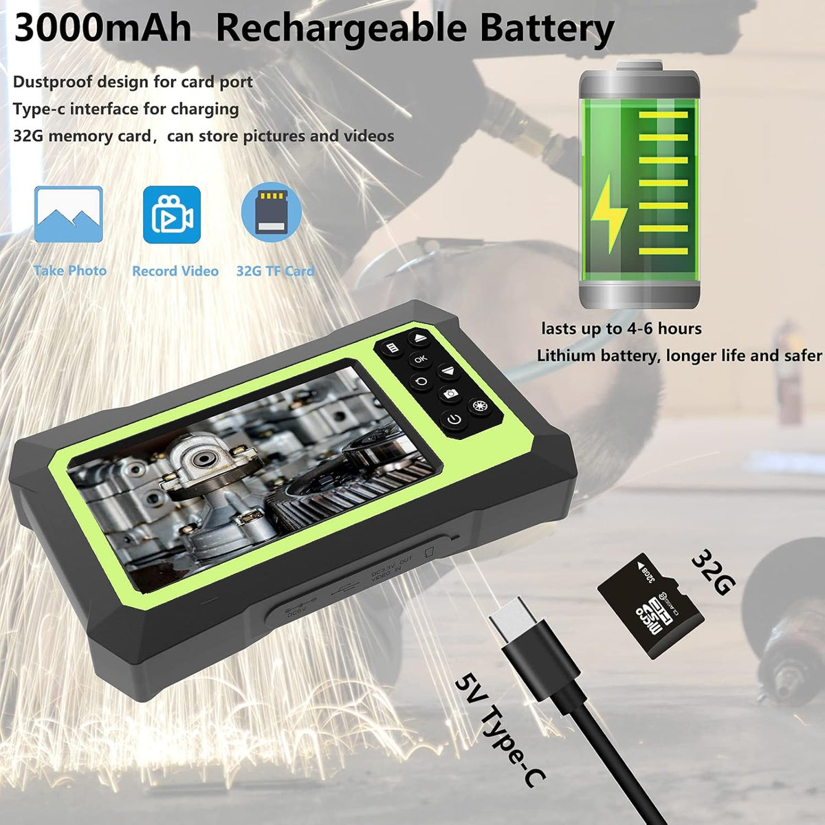Endoscope Camera with Lights, 1080P HD Borescope Camera 4.3 Inch LCD Screen IP67 Waterproof, 3000mAh Battery, 32GB TF Card Y4254