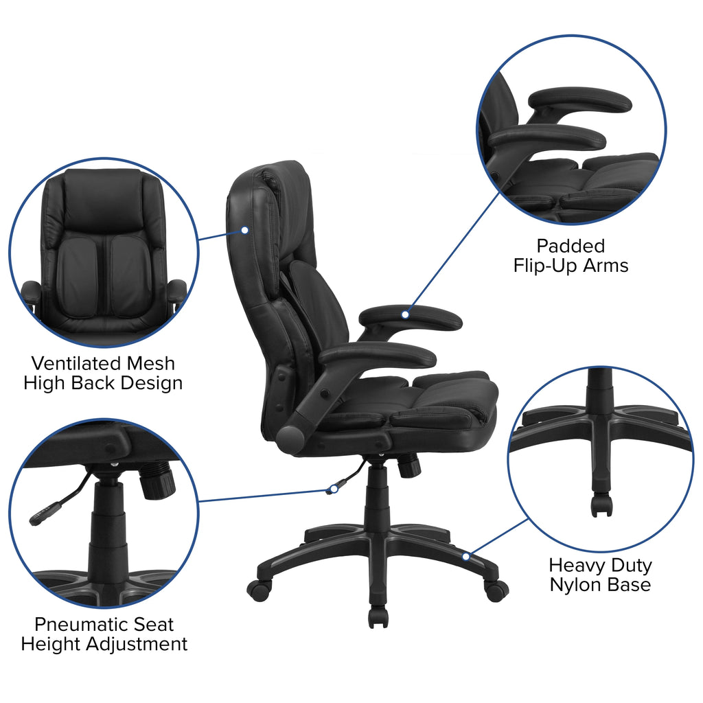 Black LeatherSoft Executive Swivel Ergonomic Office Chair with Flip-Up Arms J5242