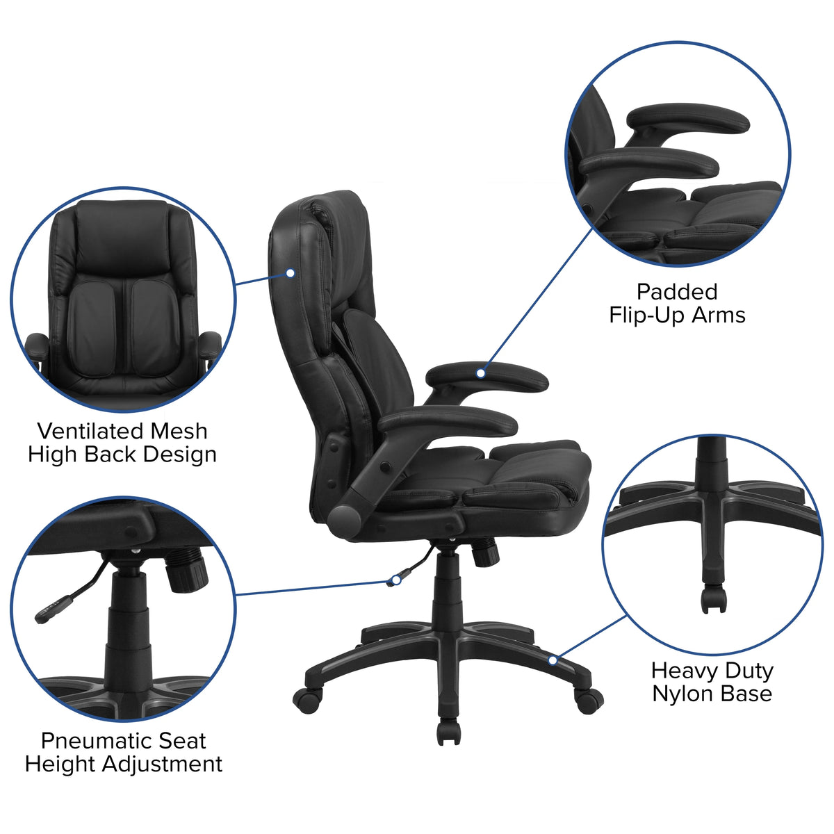 Black LeatherSoft Executive Swivel Ergonomic Office Chair with Flip-Up Arms J5242