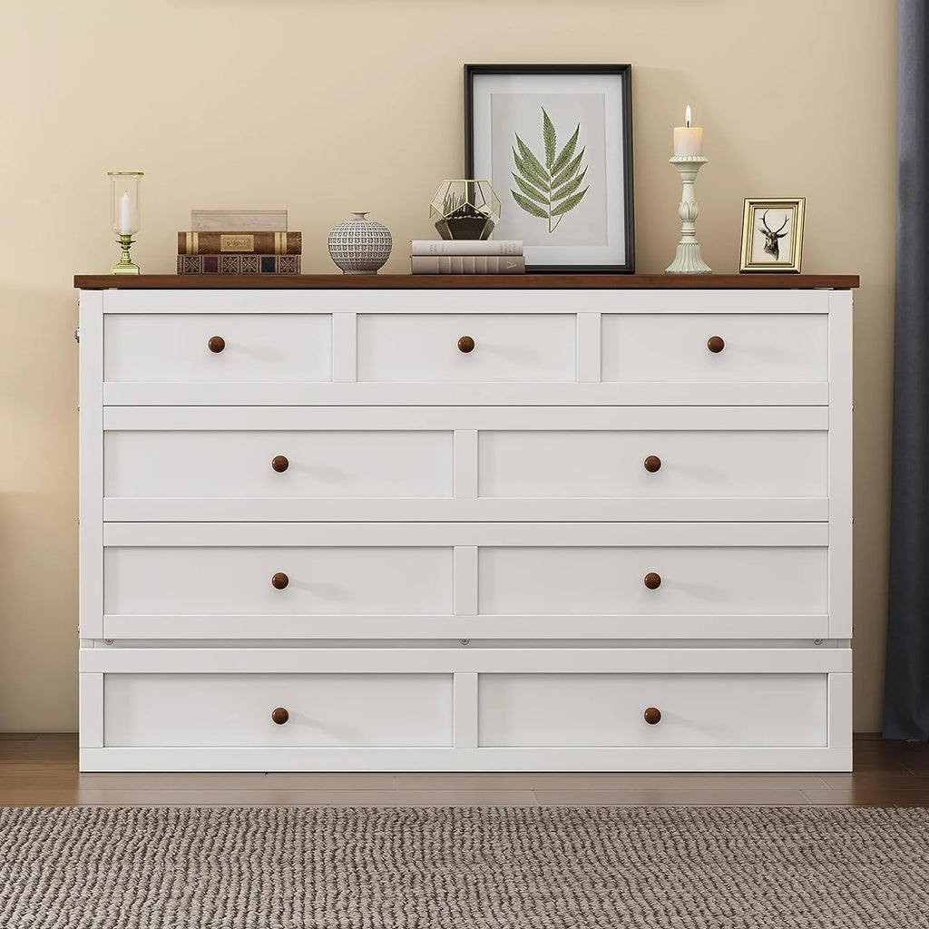 Queen Size Foldable Wood Murphy Bed Chest with Charging Station and Storage Drawer N52101