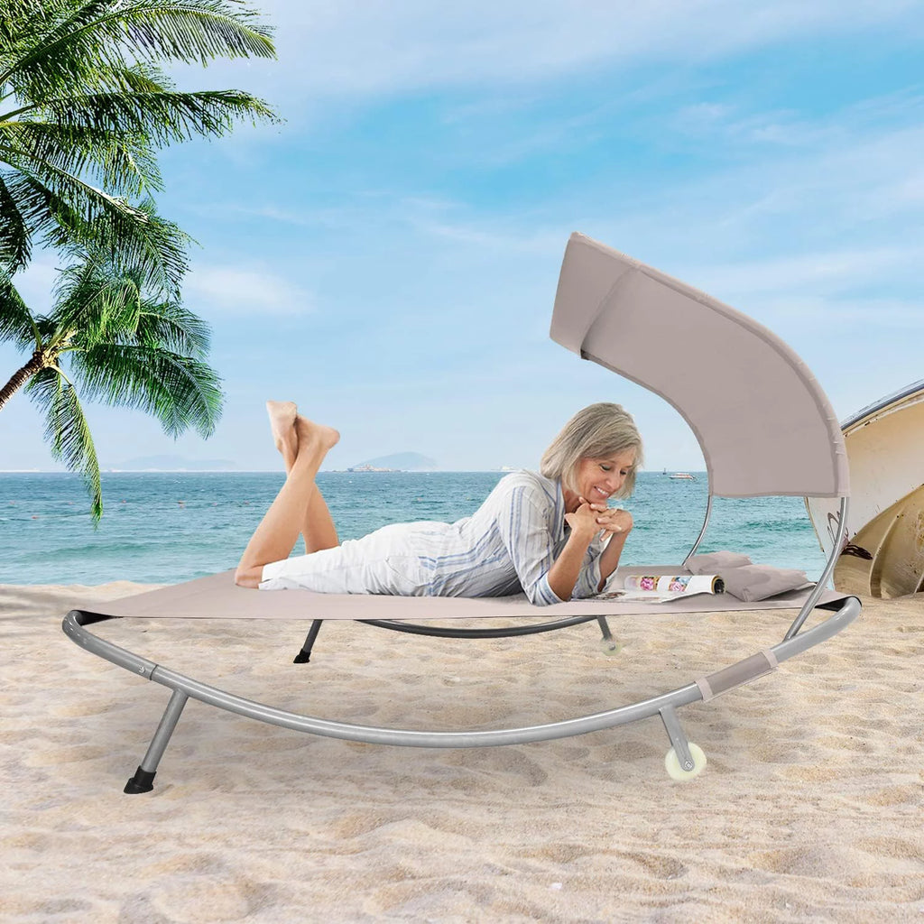 Double Chaise Lounge Bed with Canopy, Headrest Pillow and Wheels U3128
