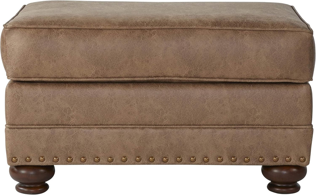 Faux Leather Ottoman with Antique Bronze Nailheads in Jetson Ginger Q466