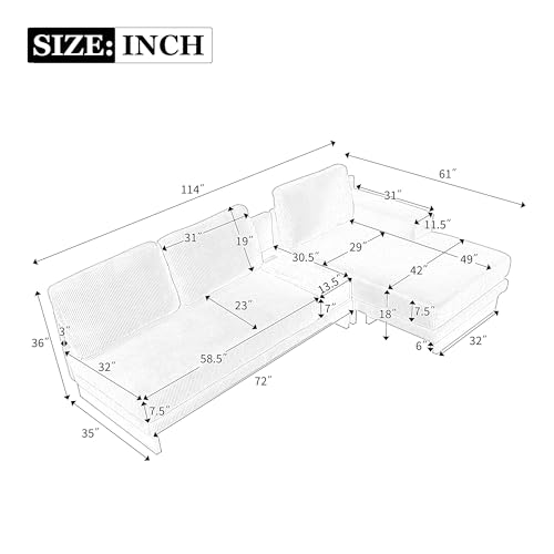 114" L-Shaped Sectional Sofa with Storage Drawer and Reversible Chaise Lounge (Grey) B600