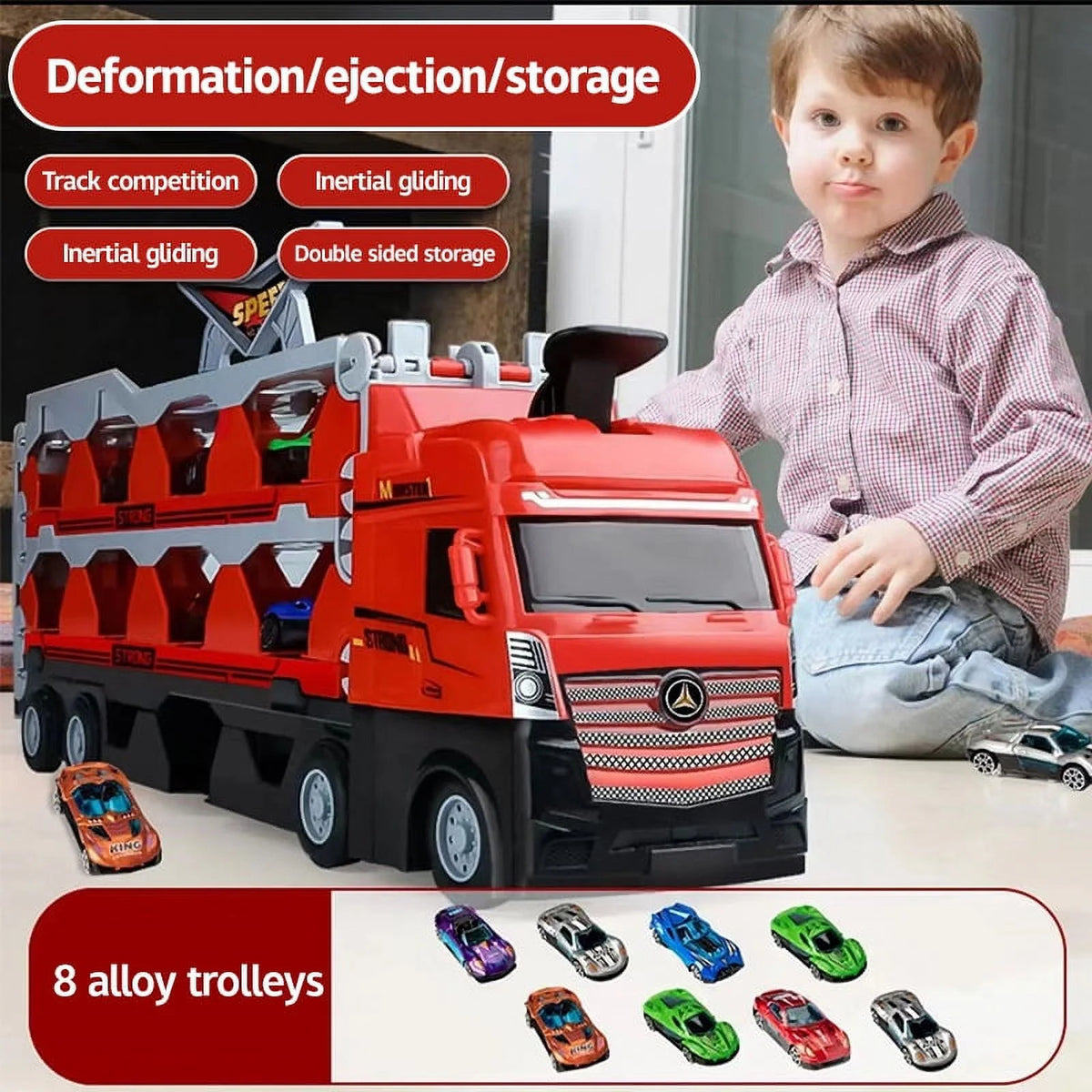 Mega Hauler Truck with Ejection Race Track, Folding Storage Transporter Toy with 8 Cars F5637