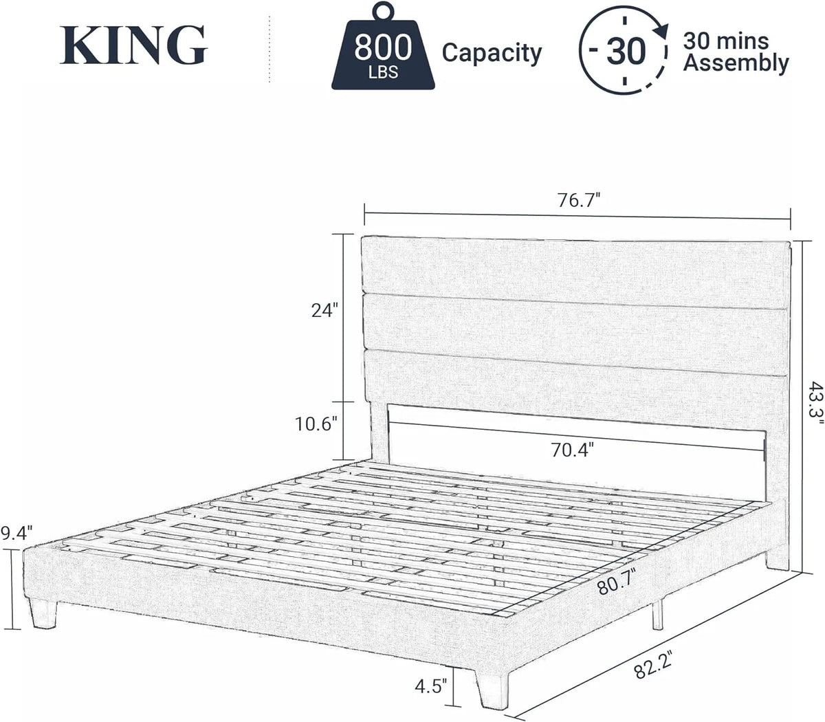King Fabric Upholstered Platform Bed Frame with Wooden Slats C262661