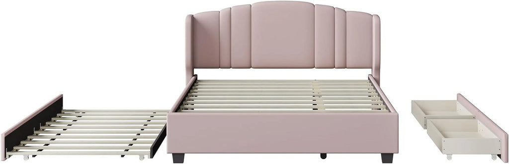 Queen Upholstered Platform Bed with Wingback Headboard and 2 Drawers S91483