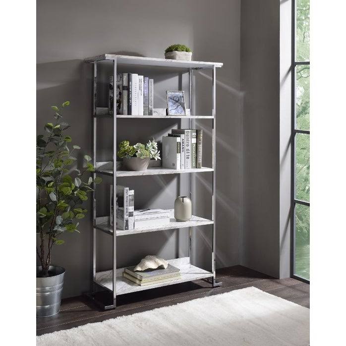 White Printed Faux Marble Chrome Metal Bookcase G99795