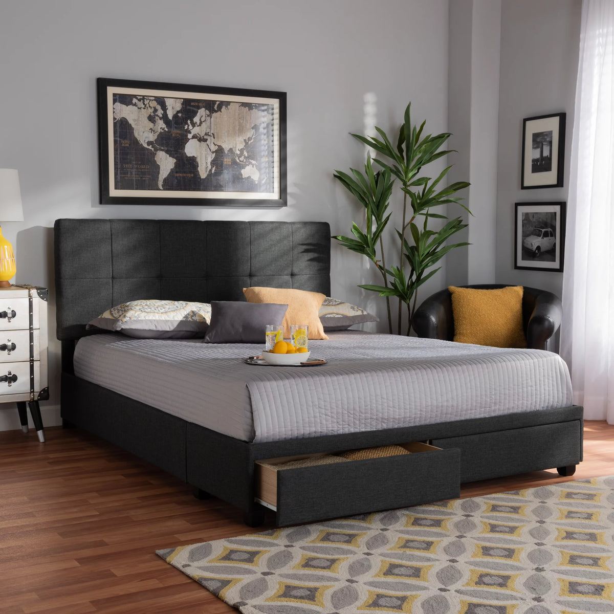 Dark Grey Fabric Upholstered 2-Drawer King Size Platform Storage Bed X2596