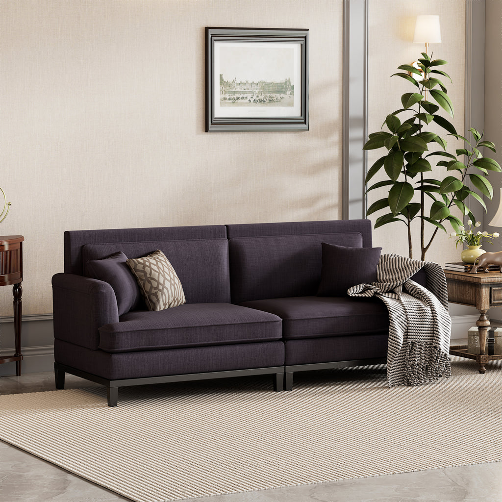 Gray Upholstered Loveseat Sofa with Wooden Legs and Two Throw Pillows C8664