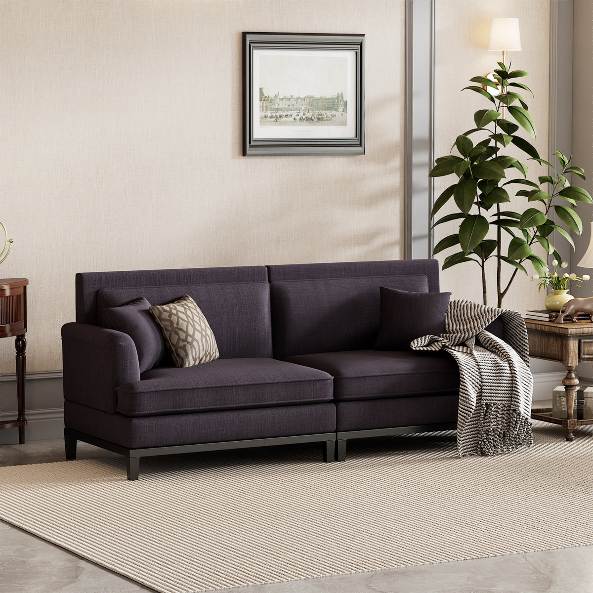 Gray Upholstered Loveseat Sofa with Wooden Legs and Two Throw Pillows C8664