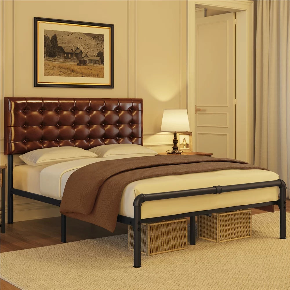 Metal Platform Bed Frame with Upholstered Headboard, Queen, Brown C148