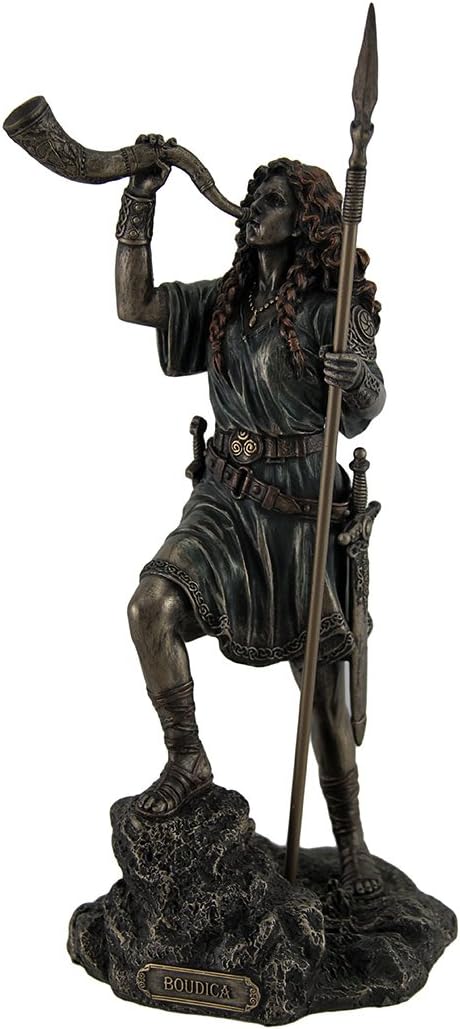 Resin Statue of Boudica Warrior Queen Holding Spear and Celtic Horn, 5 X 10.25 X 5 Inches I87979